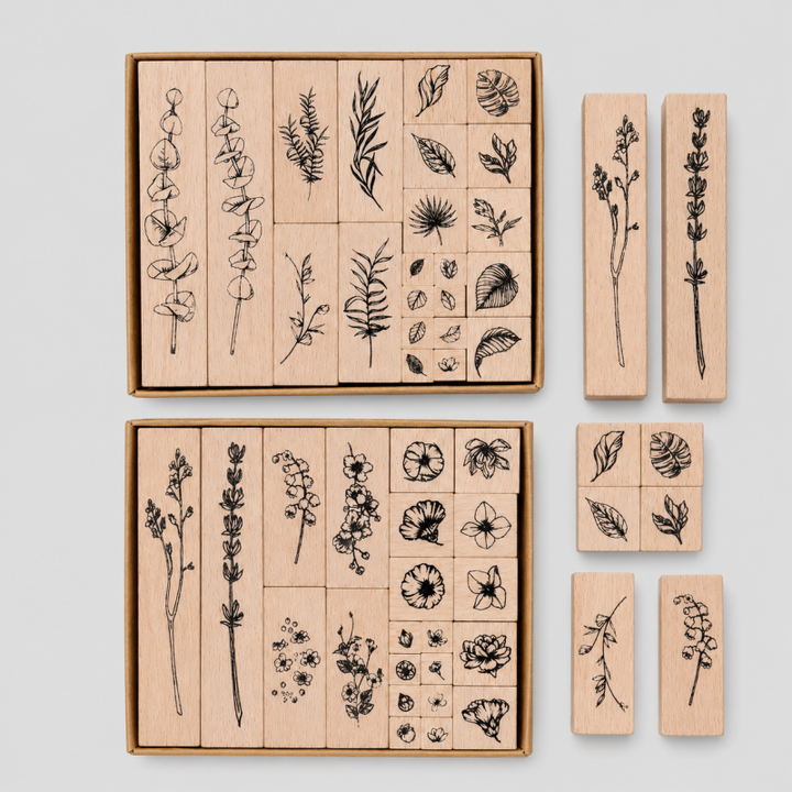 Vintage Botanical Wooden Rubber Stamp Set