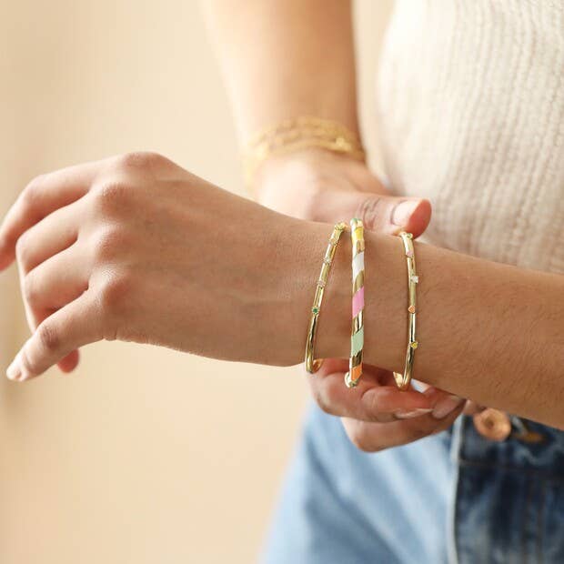 Colourful Enamel Striped Bangle in Gold