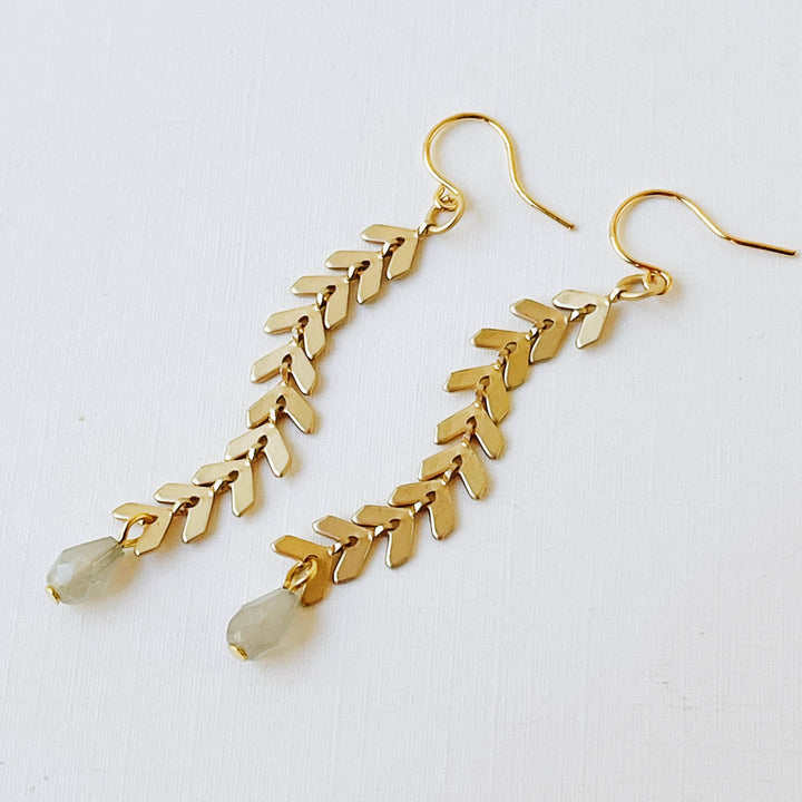 Long Gold Chevron and  Grey Bead Earrings