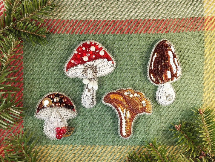 Set of 4 Bead Embroidery Kit: DIY Forest Mushroom Brooch