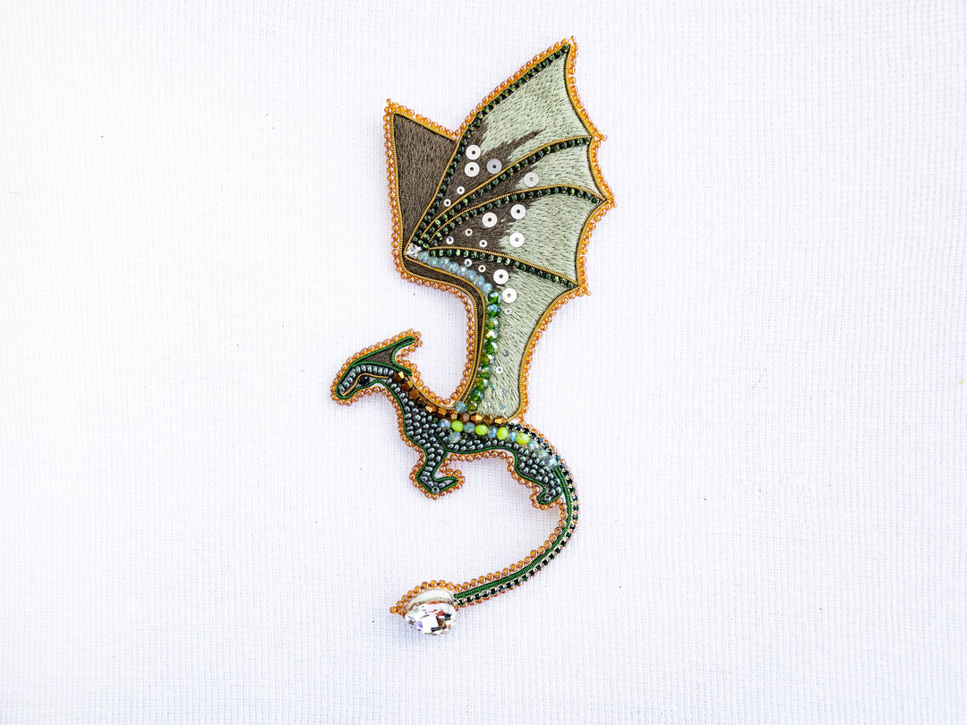 Green Dragon Beaded Brooch Kit: DIY Embroidery Jewelry