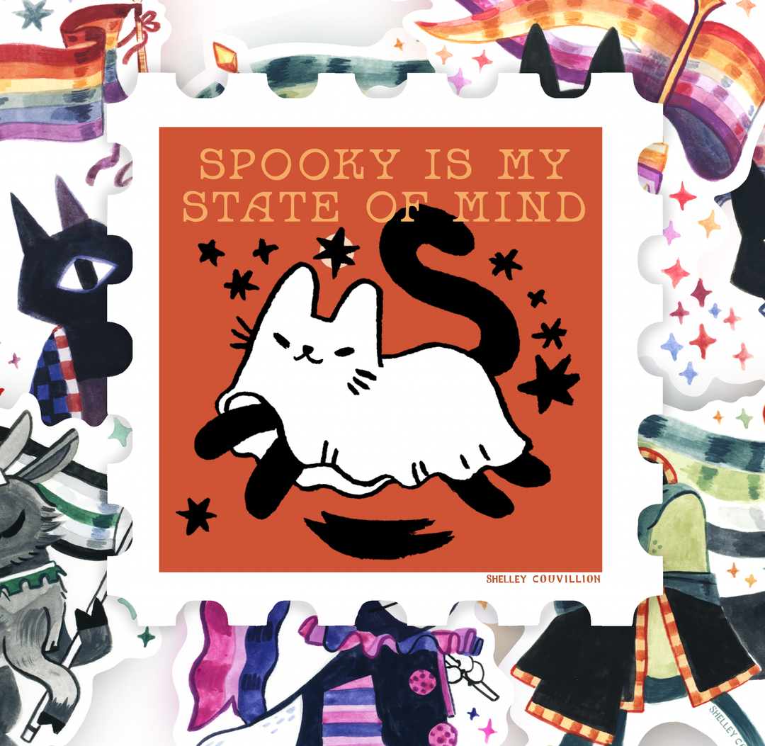 Spooky Cute Ghost Cat - stamp shaped sticker