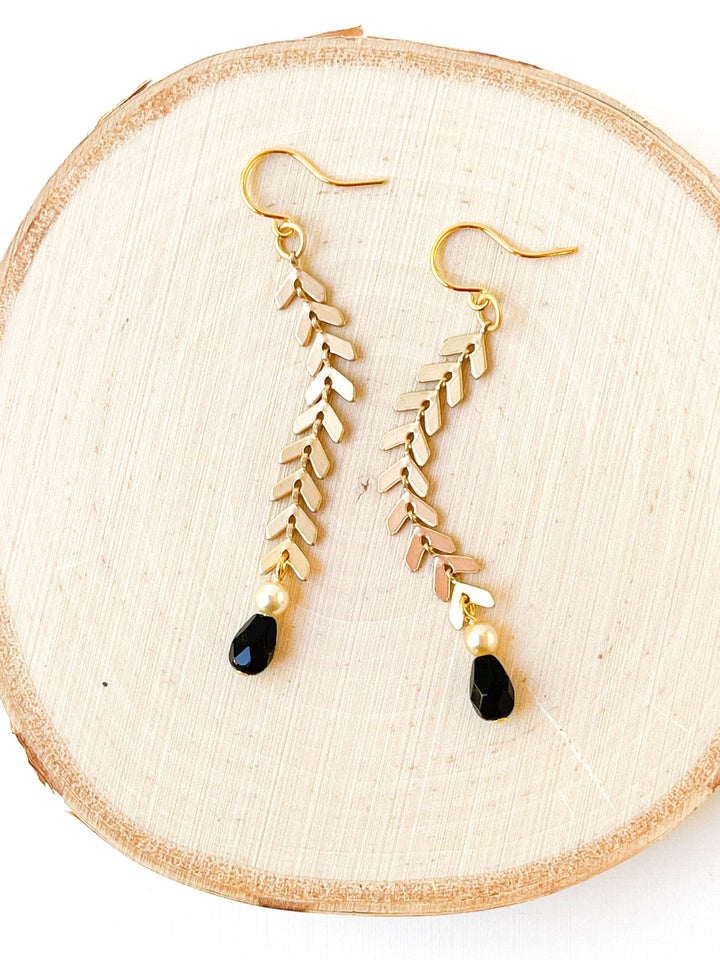 Long Gold Chevron Earrings with Pearl and Black Beads