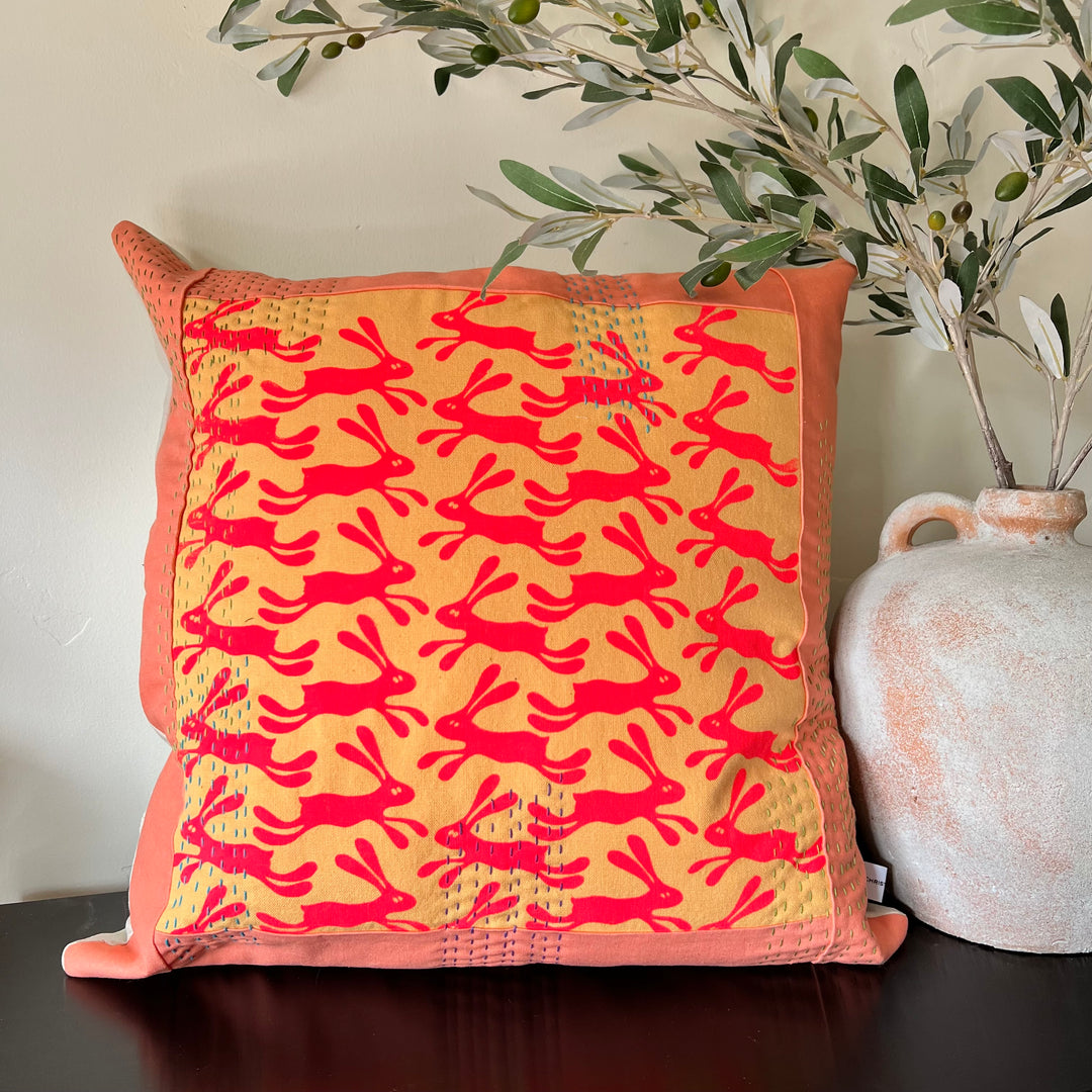 Silly Bunnies Kantha Style Throw Pillow