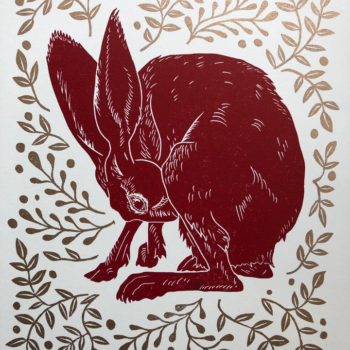 Hare in a Bush Lino Print